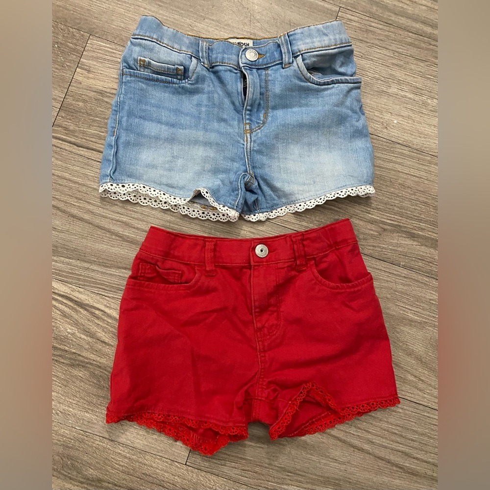 OshKosh B'gosh Light Blue Denim & Bright Red Lace-Trim Girls Shorts Set